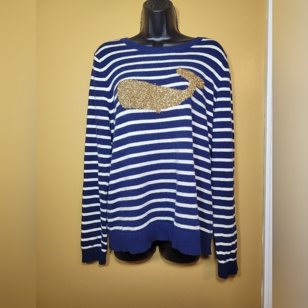 Talbots Women’s Lambswool Blend Nautical Stripe Gold Whale Sweater sz XL
